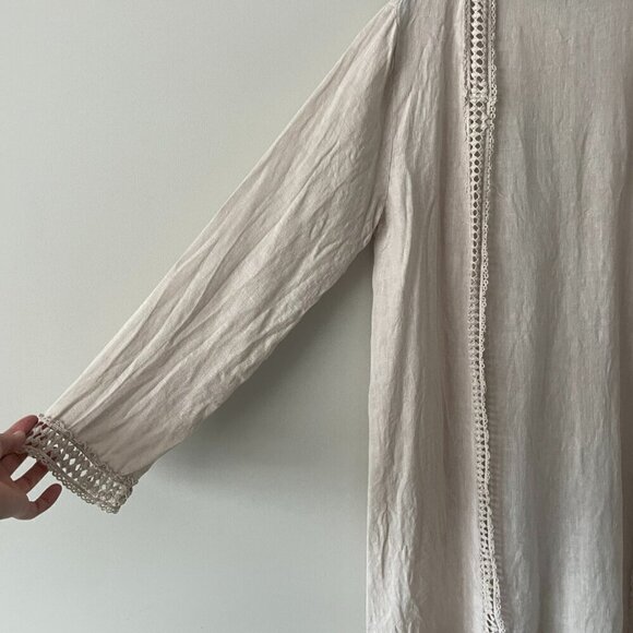 Lungo L'Arno Crochet Trim Linen Open Front Long Sleeve Cardigan Cream Small - Picture 4 of 9